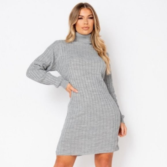 Sweaters - Gray Knitted Long Sleeve Turtle Neck Loose Fit Mini Sweater Dress